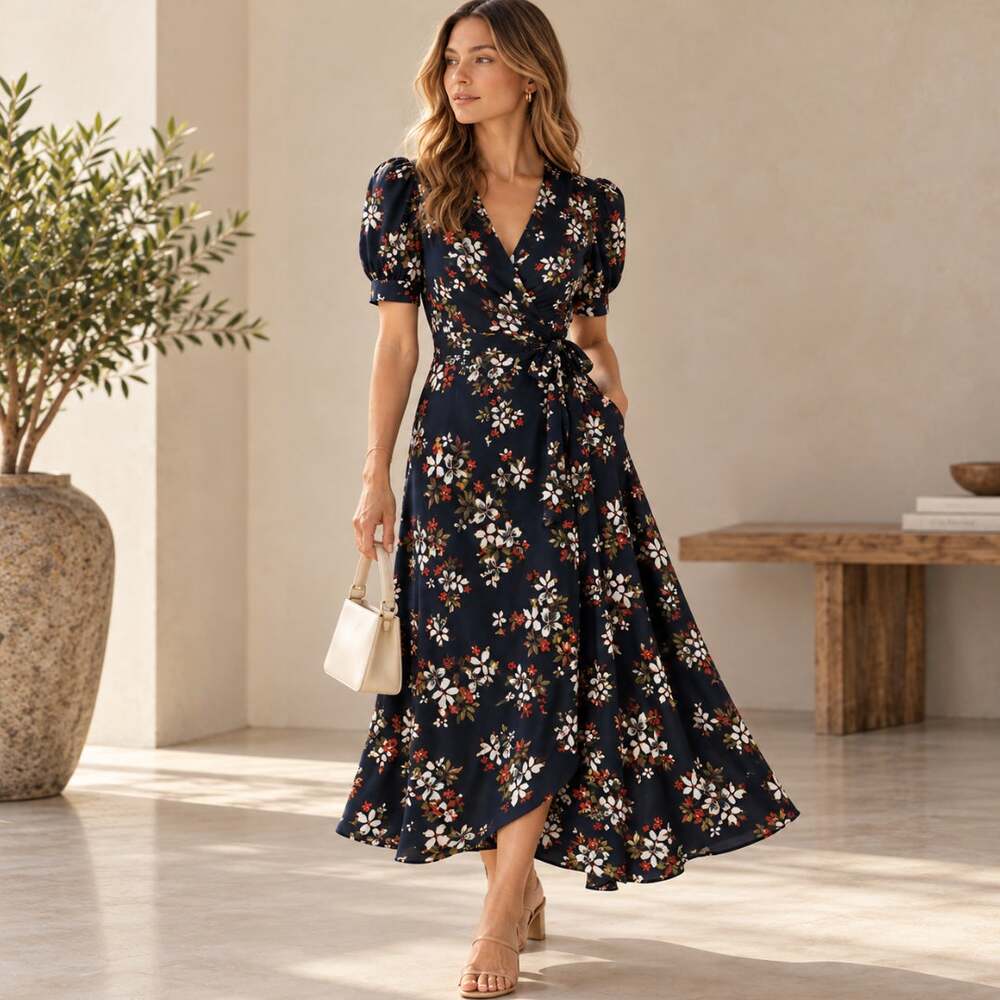 JILL STUART Floral Wrap V-Neck Midi Dress Navy Blue Sz 14 $318 {O28}